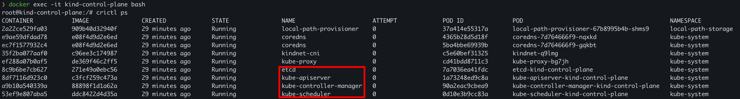 crictl ps output listing the control-plane components as containerd containers