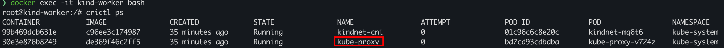 crictl ps output on a worker node showing kindnet-cni and kube-proxy containers