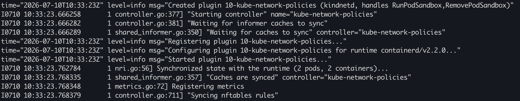 kindnet-cni container logs showing kube-network-policies and nftables activity