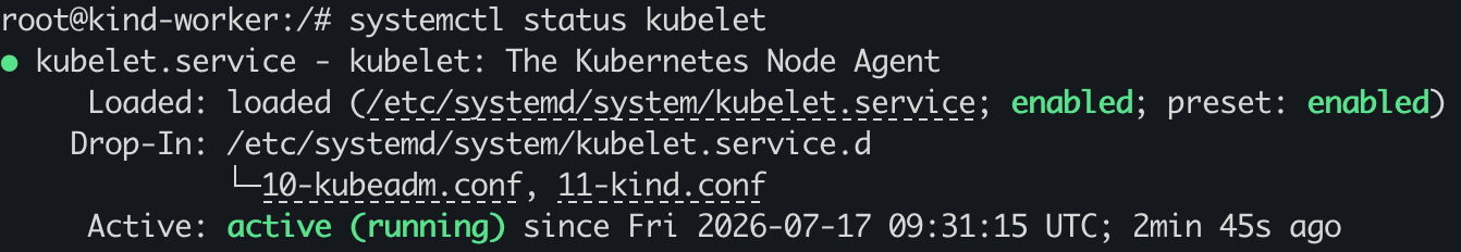 systemctl status kubelet output showing the kubelet service active on the worker node