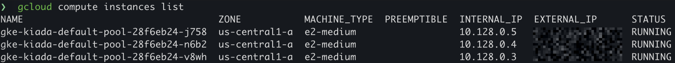 gcloud compute instances list output showing three e2-medium VMs running in us-central1-a