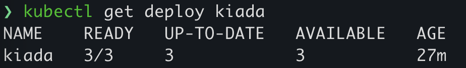 kubectl get deploy output showing the kiada deployment with 3/3 ready