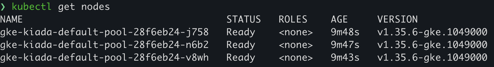 kubectl get nodes output showing three GKE worker nodes with status Ready