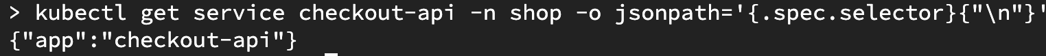 kubectl jsonpath output showing the checkout-api service selector app equals checkout-api