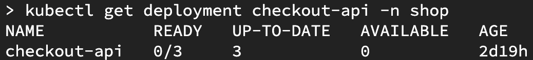 kubectl get deployment output showing checkout-api with zero of three replicas ready and zero available